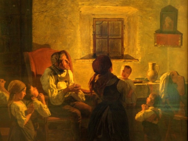 Katalikų šeima, besimeldžianti prieš Mergelės Marijos paveikslą. Ferdinand Georg Waldmüller, 1846 m.